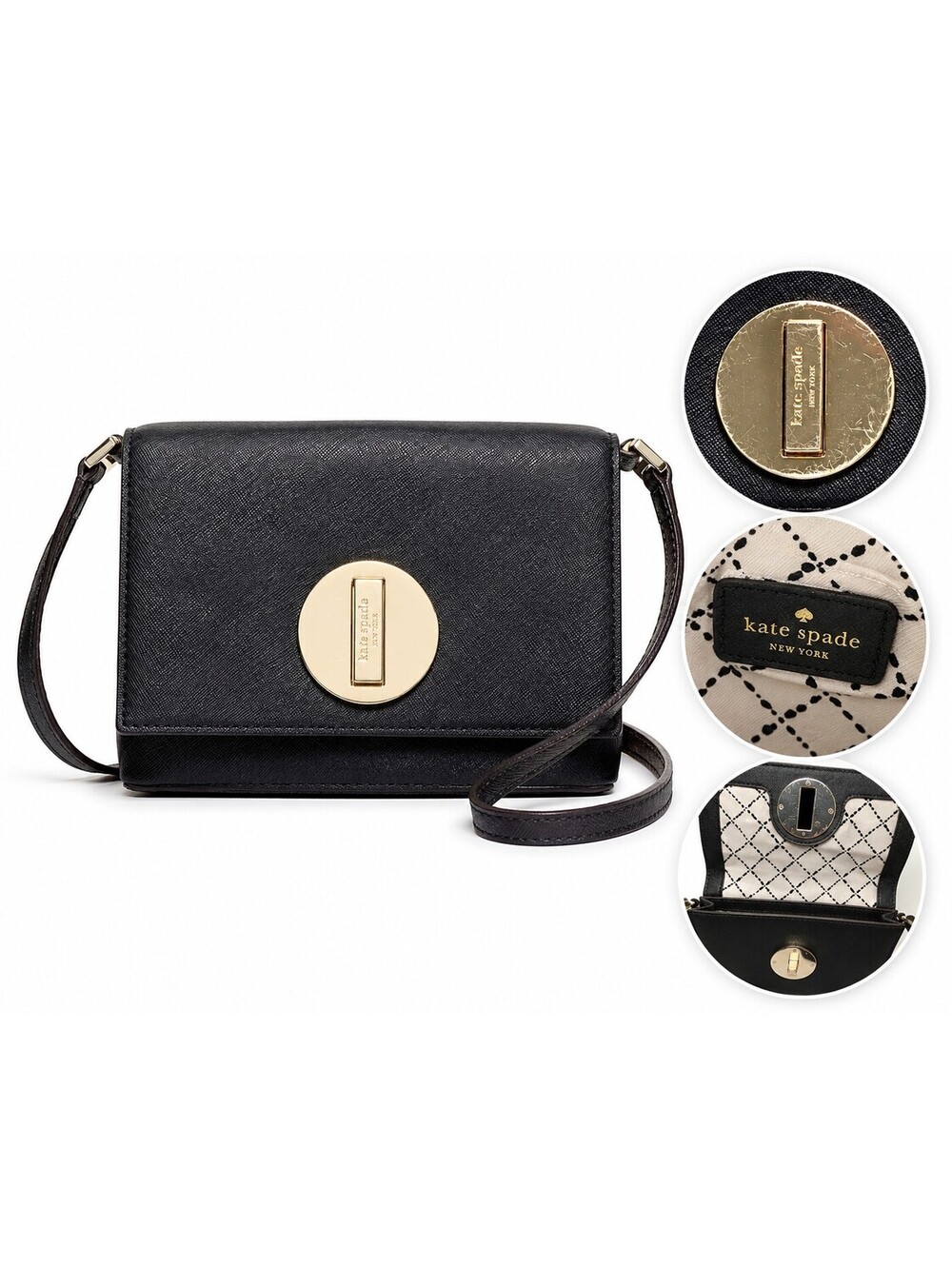KATE SPADE NEW YORK SAFFIANO LEATHER BLACK CROSSBODY BAG, INNER STRIPES